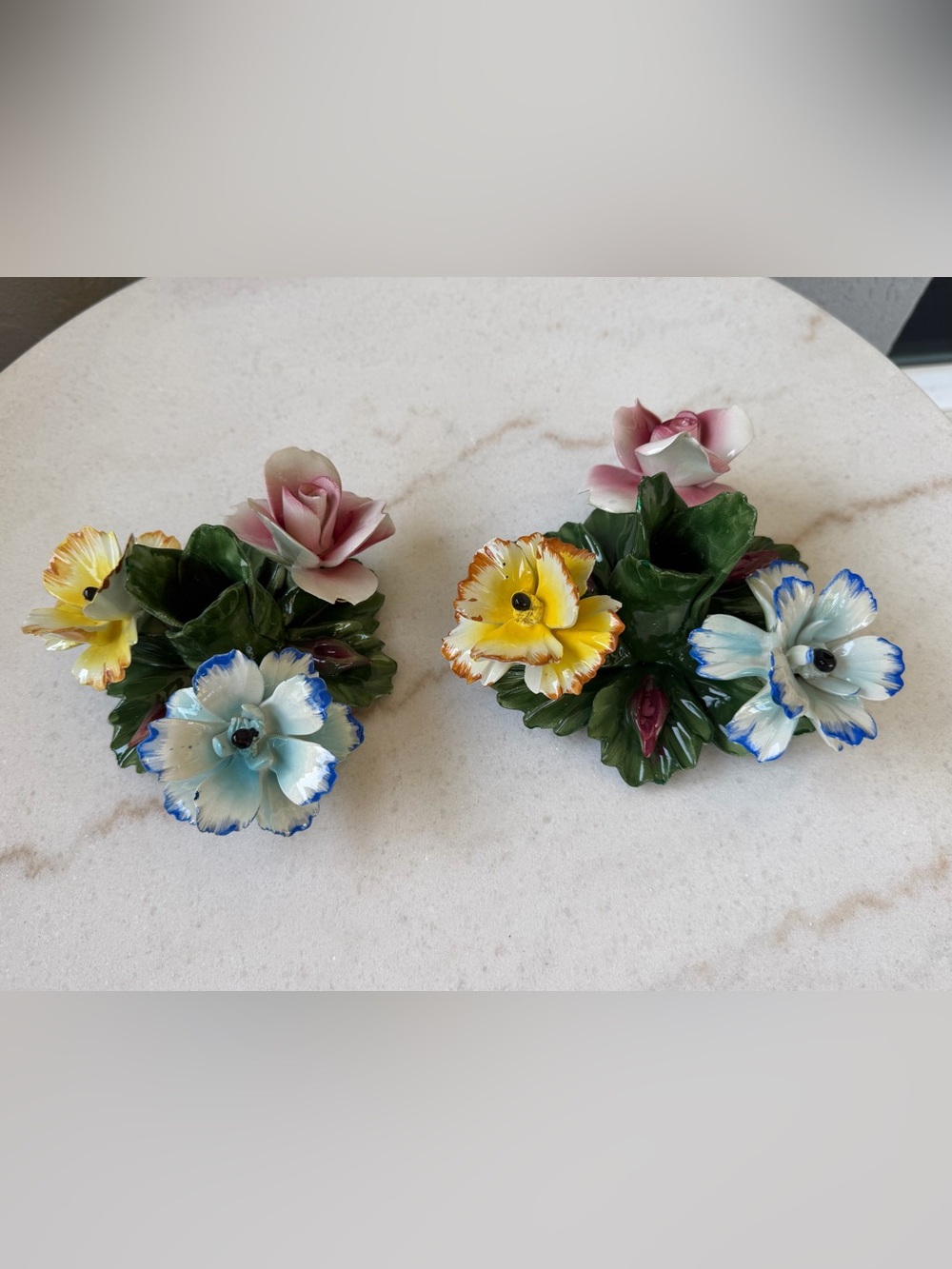 2 Capodimonte Porcelain Floral Candle Holders - Pink Rose, Yellow & Blue Flowers